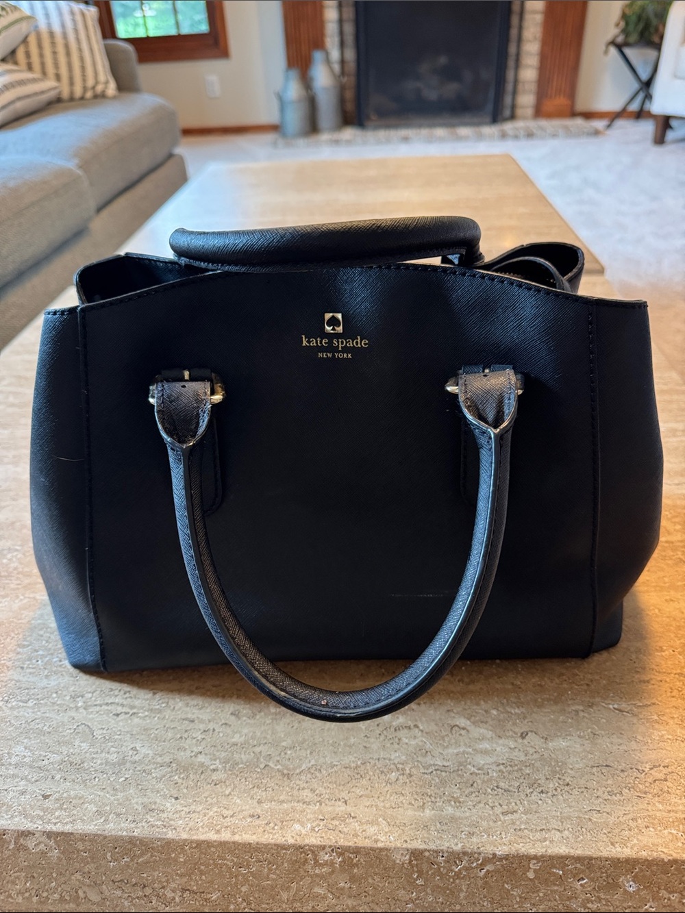 Kate Spade Black Leather Top-Handle Satchel with Gold Logo